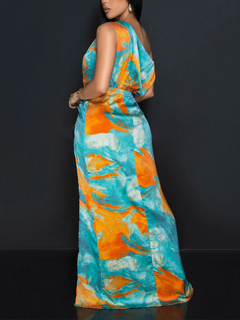 Sexy Tie-Dye Print Skew Shoulder High Slit Long Dress