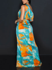 Sexy Tie-Dye Print Skew Shoulder High Slit Long Dress