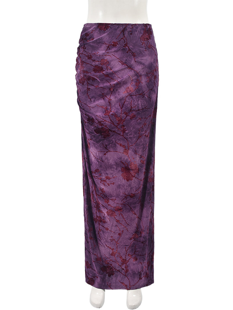 Sexy Printed Soft Touch Devore Ruched Side Maxi Skirt