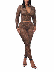 Print Zipper Crop Top Skinny Pant Sexy Clubwear Two Piece Set