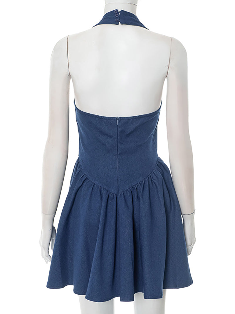 Sexy Halter Backless Denim Mini Dress