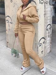 Casual Zipper Crop Hoodie and Pants Sports Sets