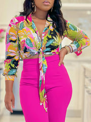 Casual Print Turn-down Collar Bandage Shirt