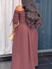 Slash Shoulder Pleated Long Sleeve Maxi Dress