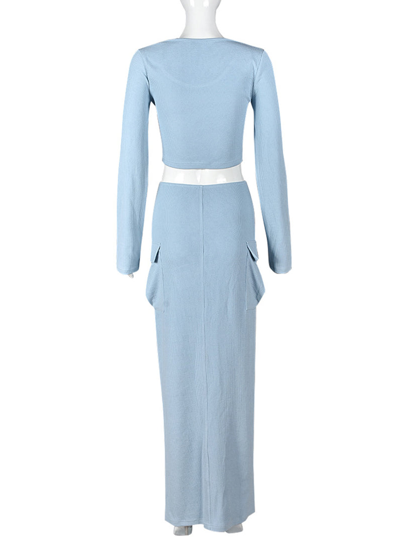 Casual Ribbed Knit Crop Top And Slit skirt 2 Piece Set