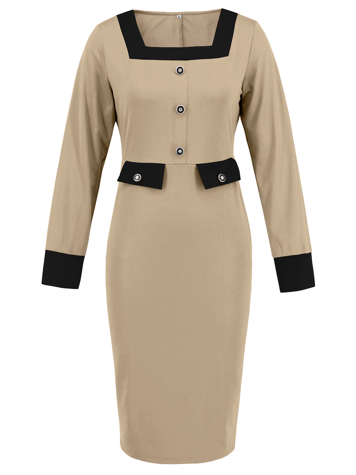 Square Neck Long Sleeve Office Midi Dress