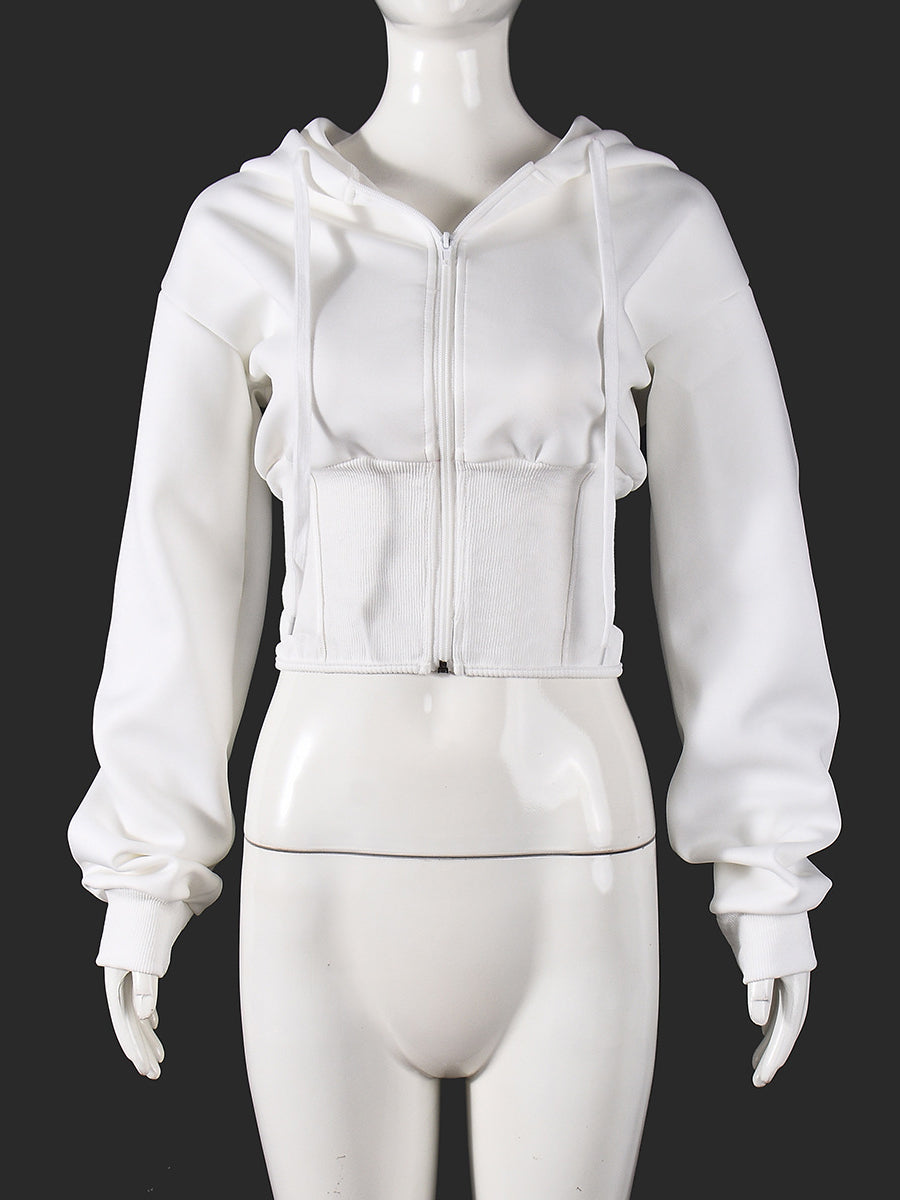 Fashion Long Sleeve Zipper Crop Drawstring Hoodie