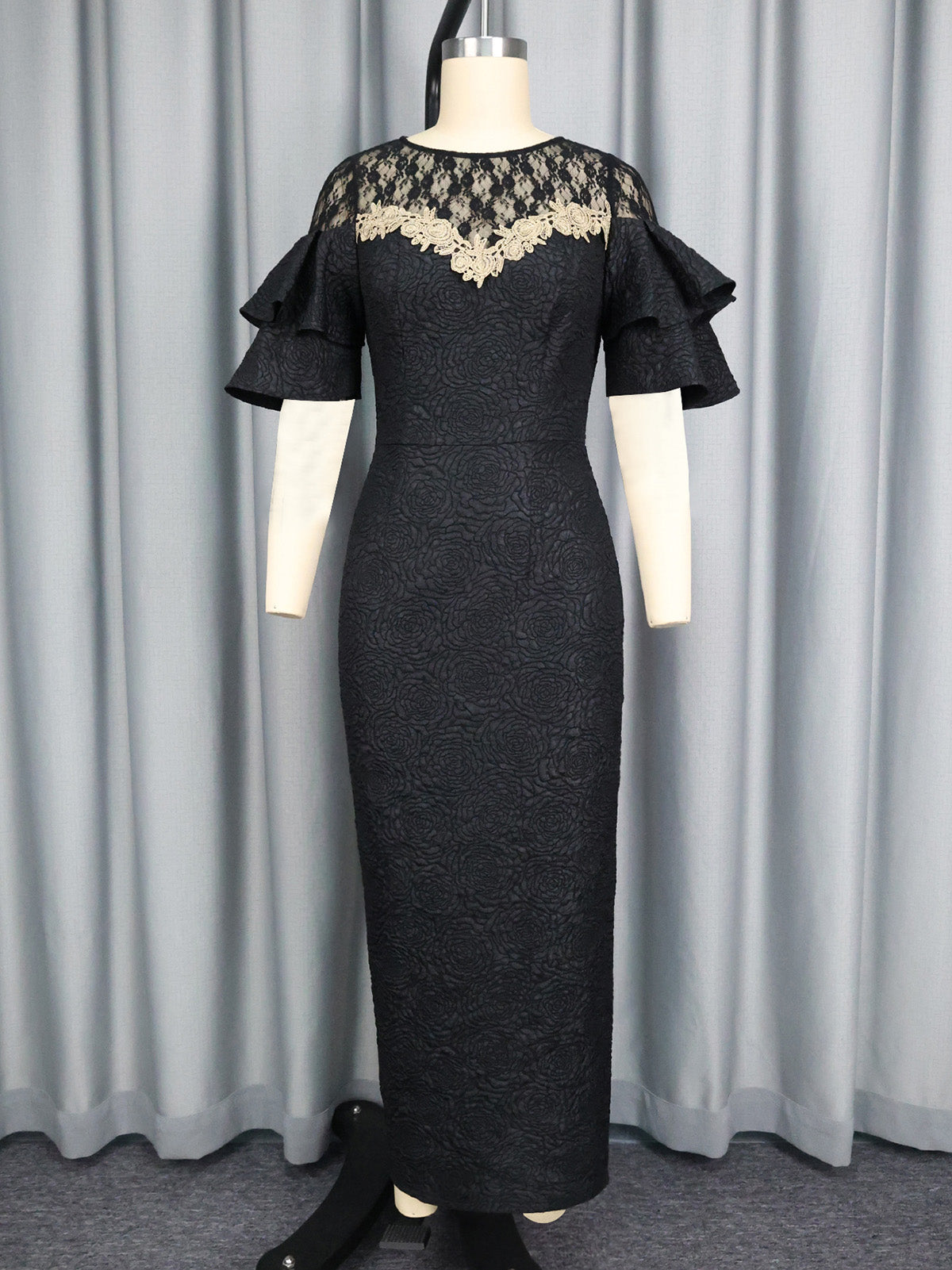 Lace Patchwork Ruffle Sleeve Jacquard Bodycon Mid Dress