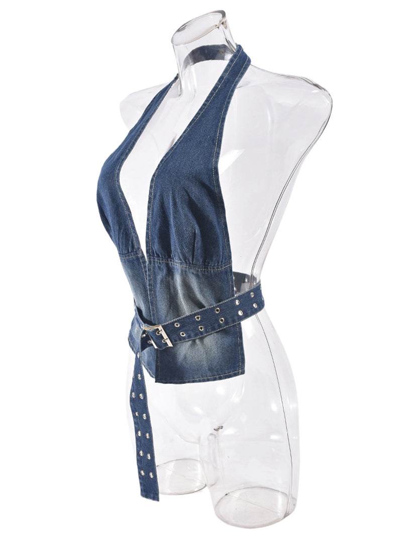 Sexy Backless Denim Halter Top with Belt