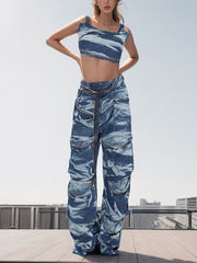 Casual Print Vest High Waist Cargo Pants 3pcs Set