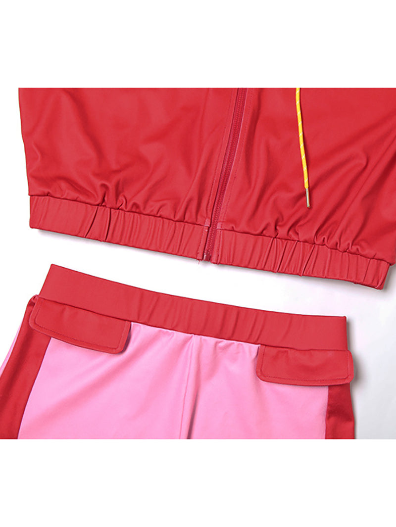Long Sleeve Color Block Sport Jacket Shorts 2 Piece Set