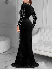 Elegant V Neck Rhinestone Embellished Evening Gowns