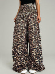 Elegant Leopard Print High Waisted Flowy Wide Leg Pants