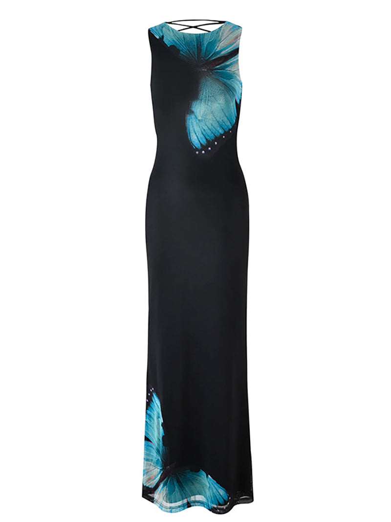 Back Lace-up Sleeveless Butterfly Print Maxi Dress