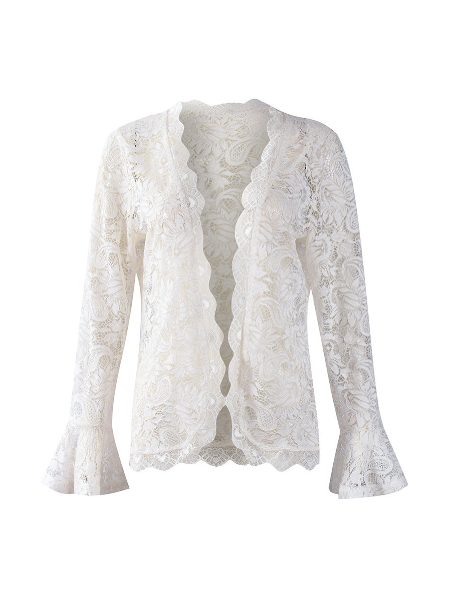 Casual Flare Sleeve Ruffle Trim Sheer Lace Jacket