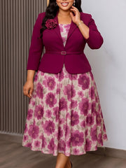 Flower Detail Blazer and Floral Midi Dress Set