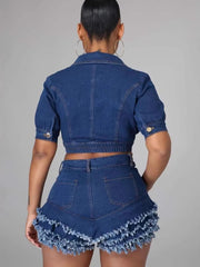 Casual Crop Denim Top Tassels Shorts Two Piece Set