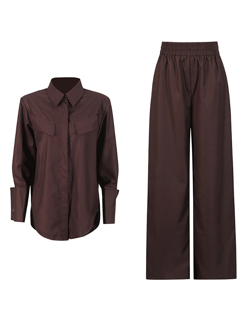 Casual Solid Retro Shirt High Waist Loose Pant Suit