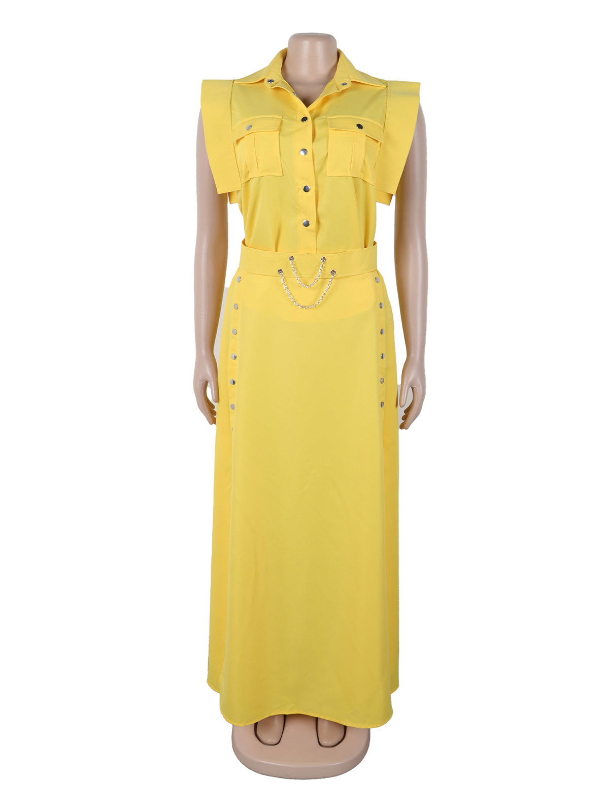 Elegant Sleeveless Shirt Top Slit Skirt Set