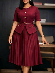 Pleated Faux Two Piece Midi Dress with Belt