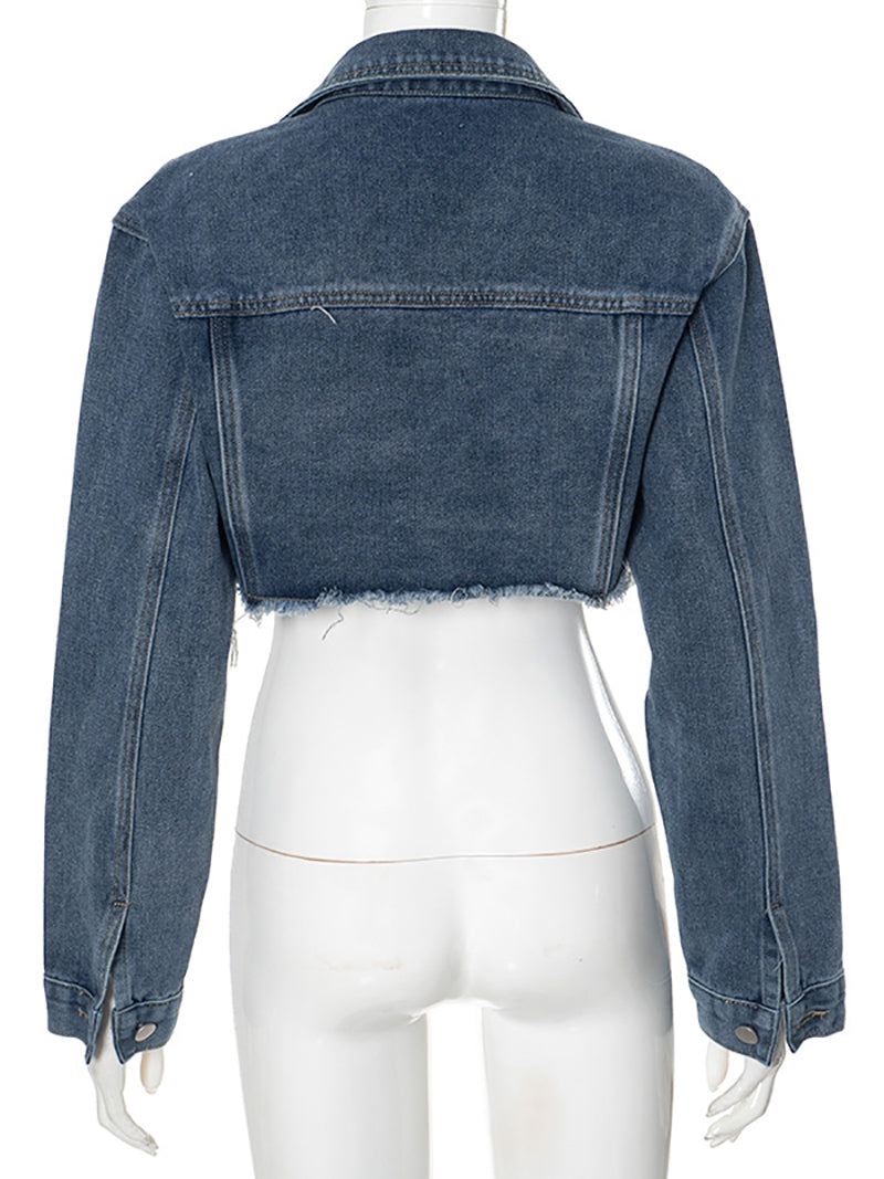 Casual Long Sleeve Cropped Denim Jacket