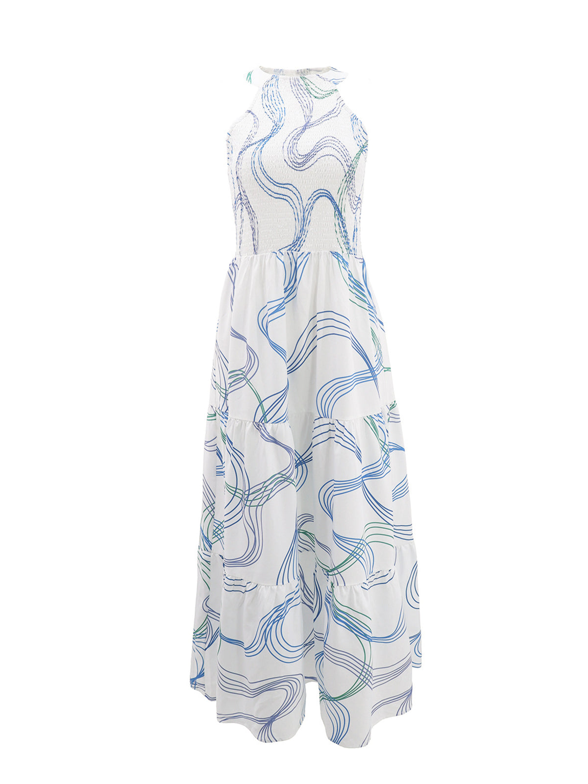 Elegant Print Halter Sleeveless Ruffle Hem Maxi Dress