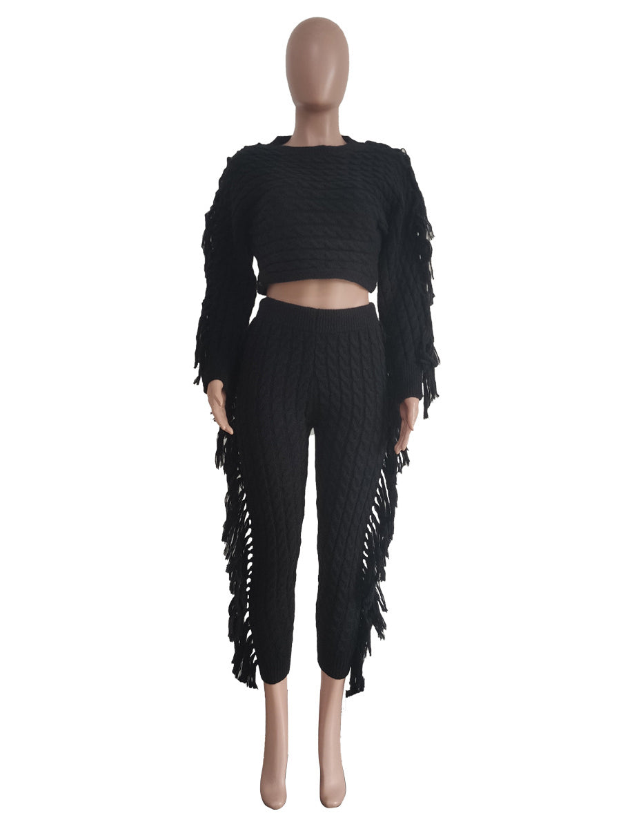Fashion Knit Tassels High Waist Trousers Sets