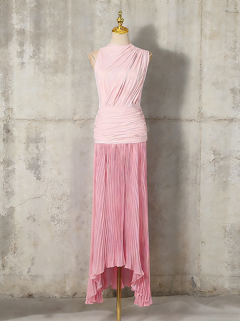 Fashion Gradient Color Ruched Pleated Maxi Dress