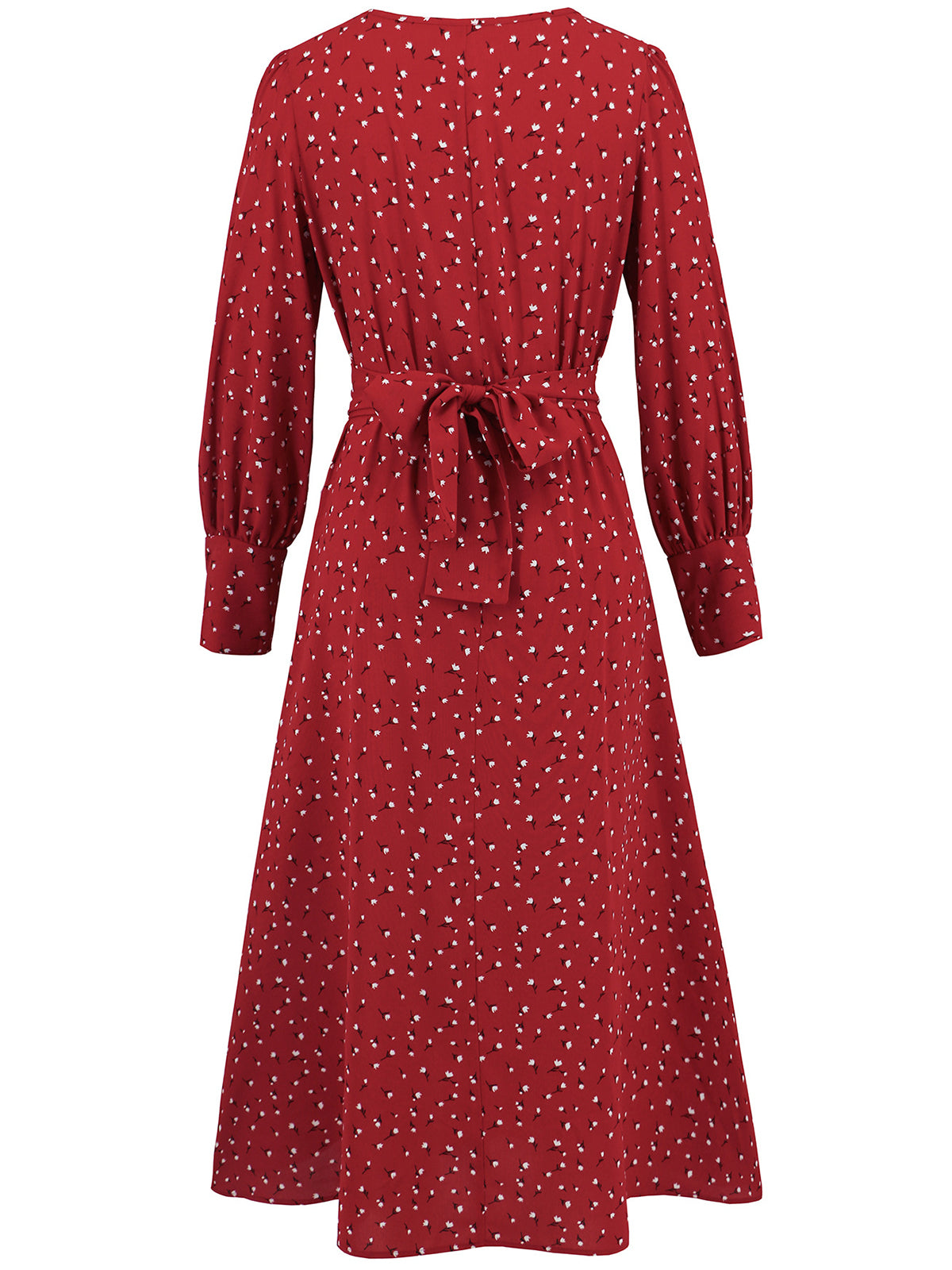 Casual Print Lantern Sleeve Belted Midi Dress