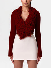 Fluff Tassel Bodycon Cropped Woolen Cardigan