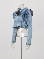 Fashion Ruffles Hem Cropped Denim Jacket