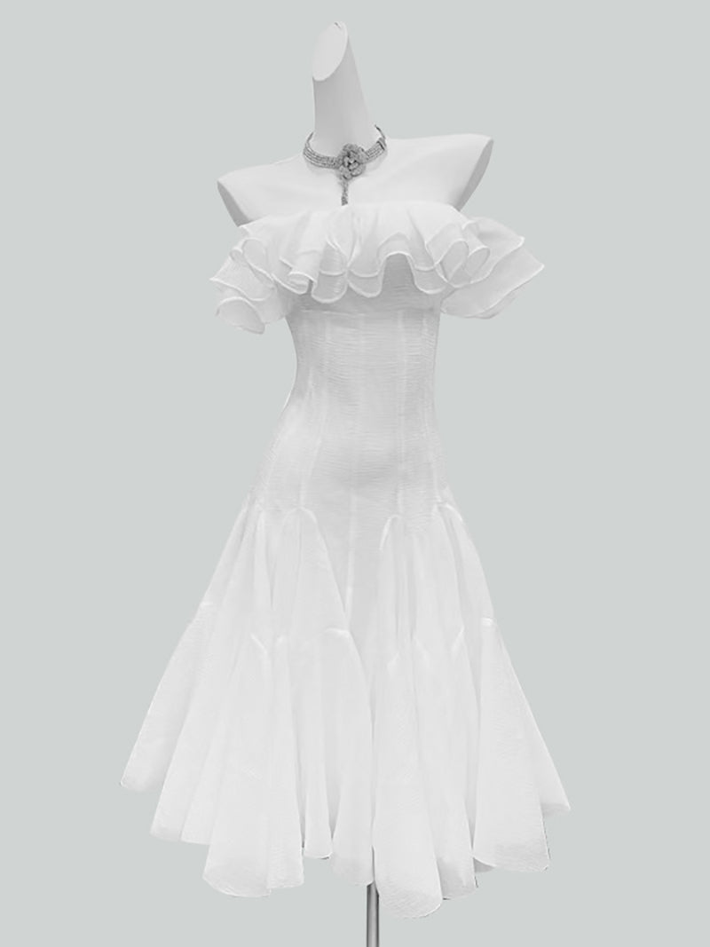 Elegant Off Shoulder Ruffle Cinched Waist Maxi Dress