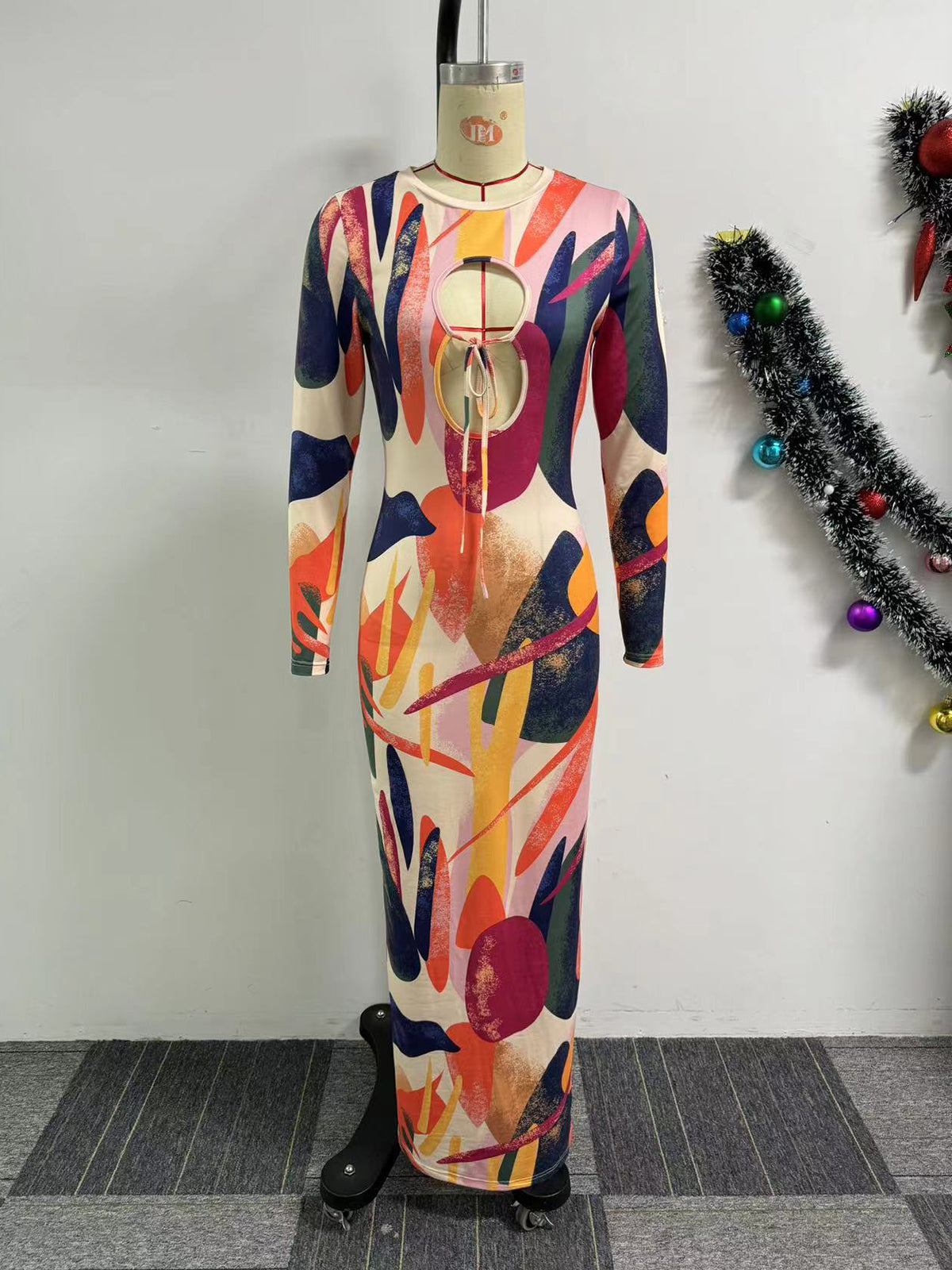 O Neck Print Long Sleeve Hollow Out Bodycon Maxi Dress