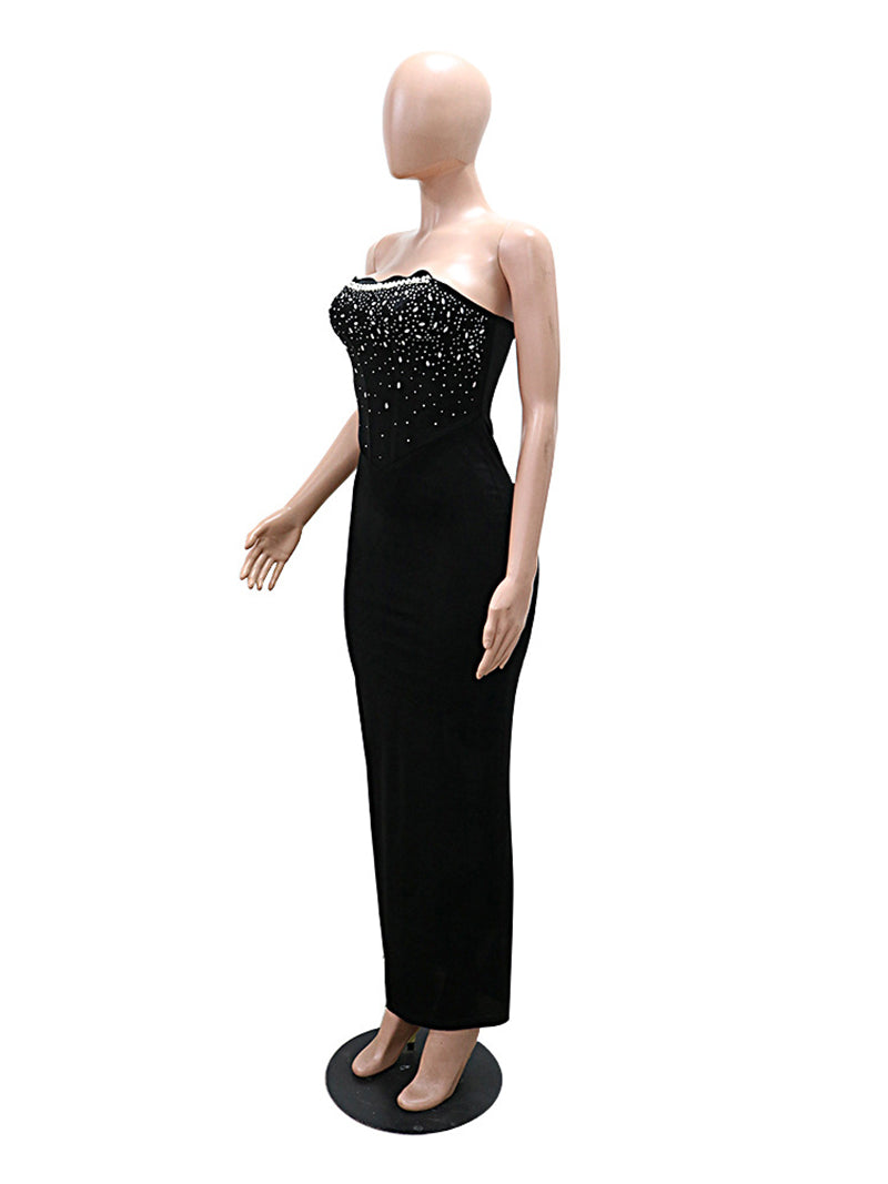 Sexy Velvet Rhinestone Bodycon Strapless Maxi Dress