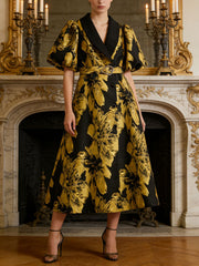 Fashion V Neck Print Puff Sleeves Maxi Dress
