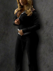 Casual Stripe Zipper Top Drawstring Pants Sports Sets