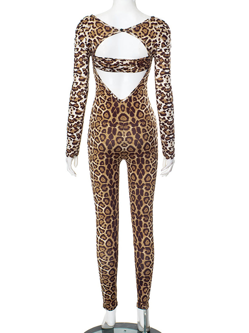 Sexy Leopard Print Hollow out Tight Jumpsuit