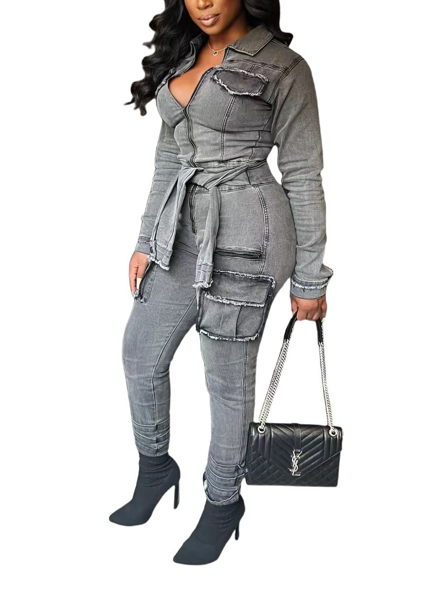 Casual Zip-Front Bandage Denim Cargo Jumpsuit