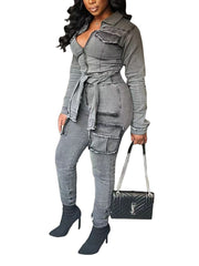 Casual Zip-Front Bandage Denim Cargo Jumpsuit