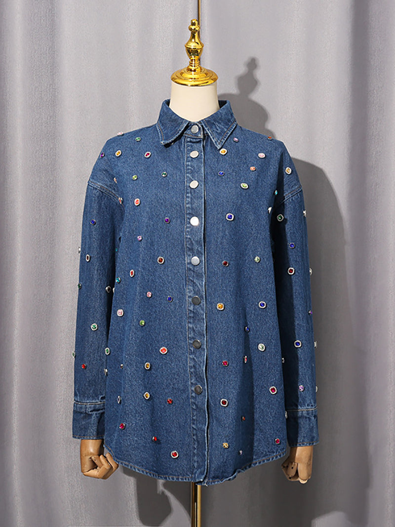 Rhinestone Studded Casual Denim Shirt