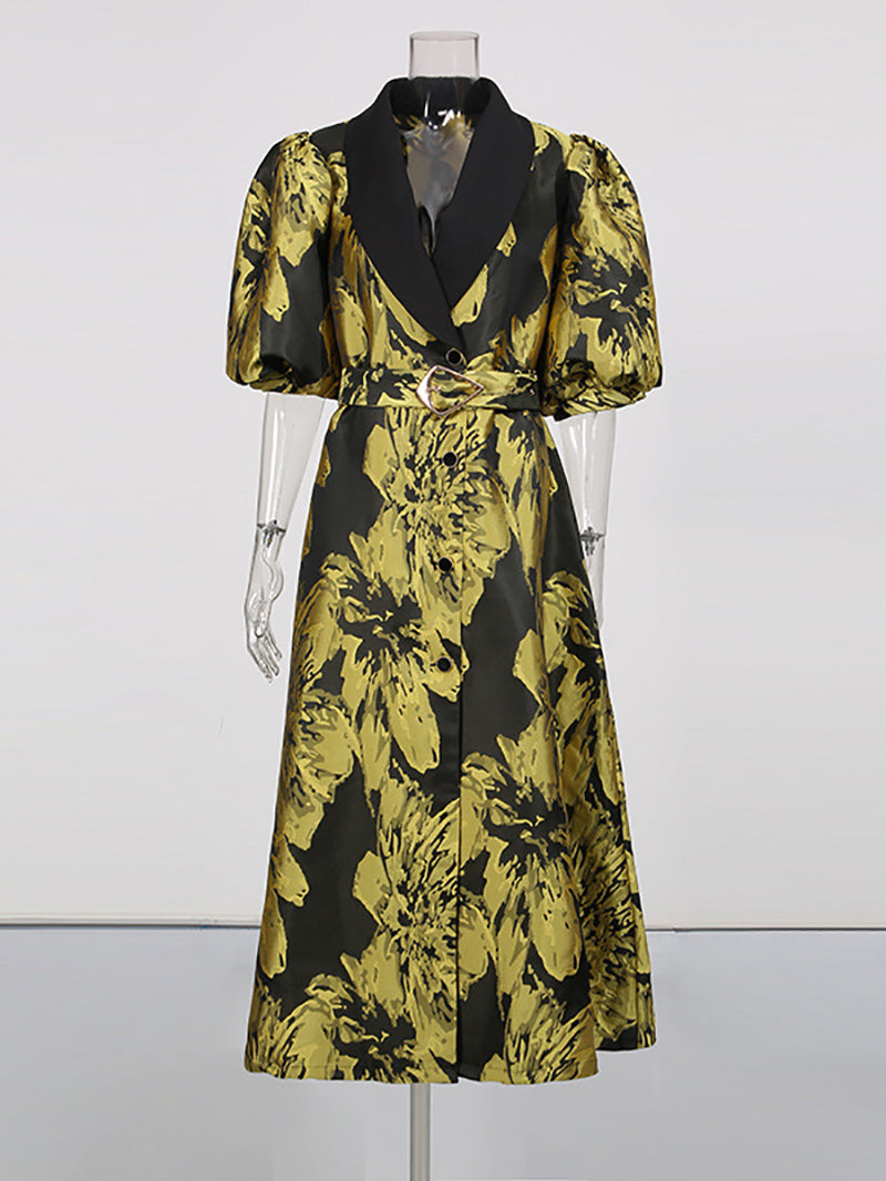 Fashion V Neck Print Puff Sleeves Maxi Dress