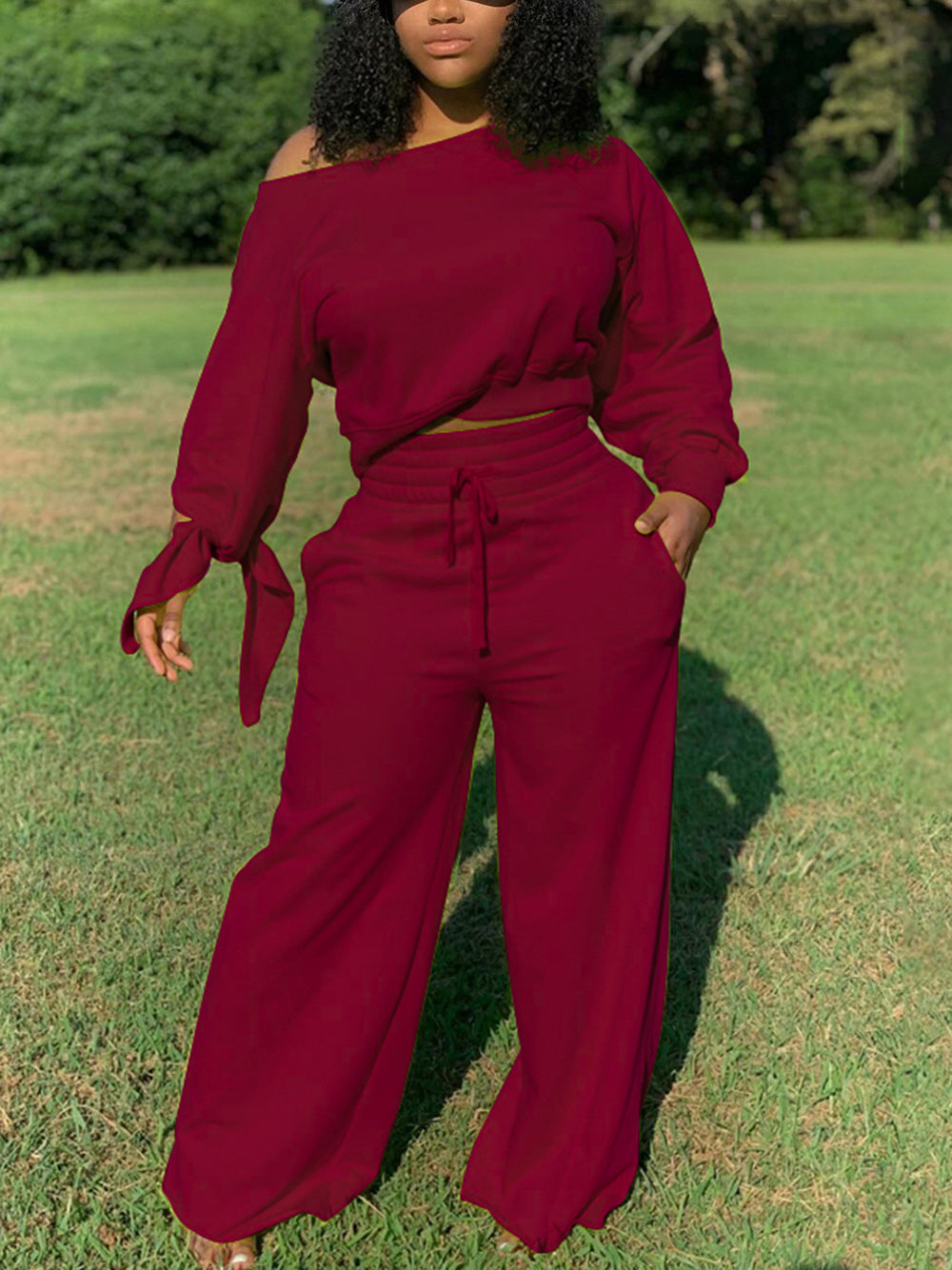 Casual Oblique Shoulder Tops High Waist Trousers Set