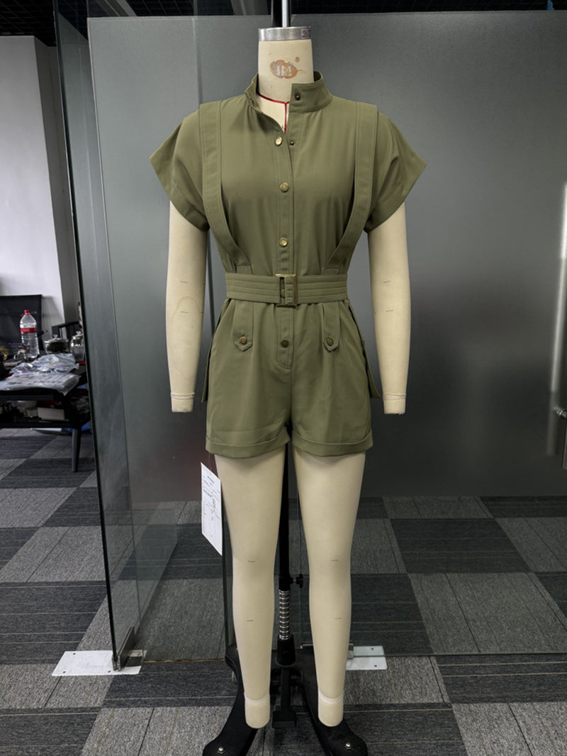 Casual Cinched Waist Cargo Jumpsuit Shorts