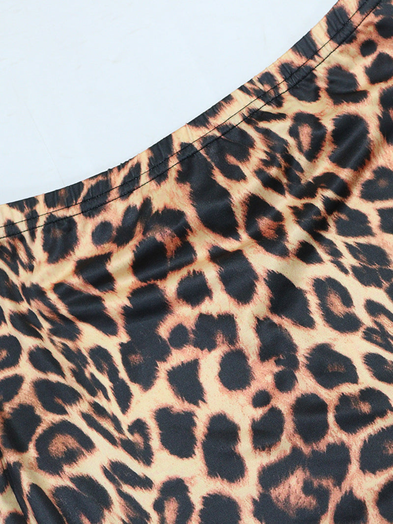 Leopard Print Round Neck Crop Top Slim Skirt Two Piece