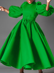 Fashion Solid Color Puff Sleeve A-Line Dress