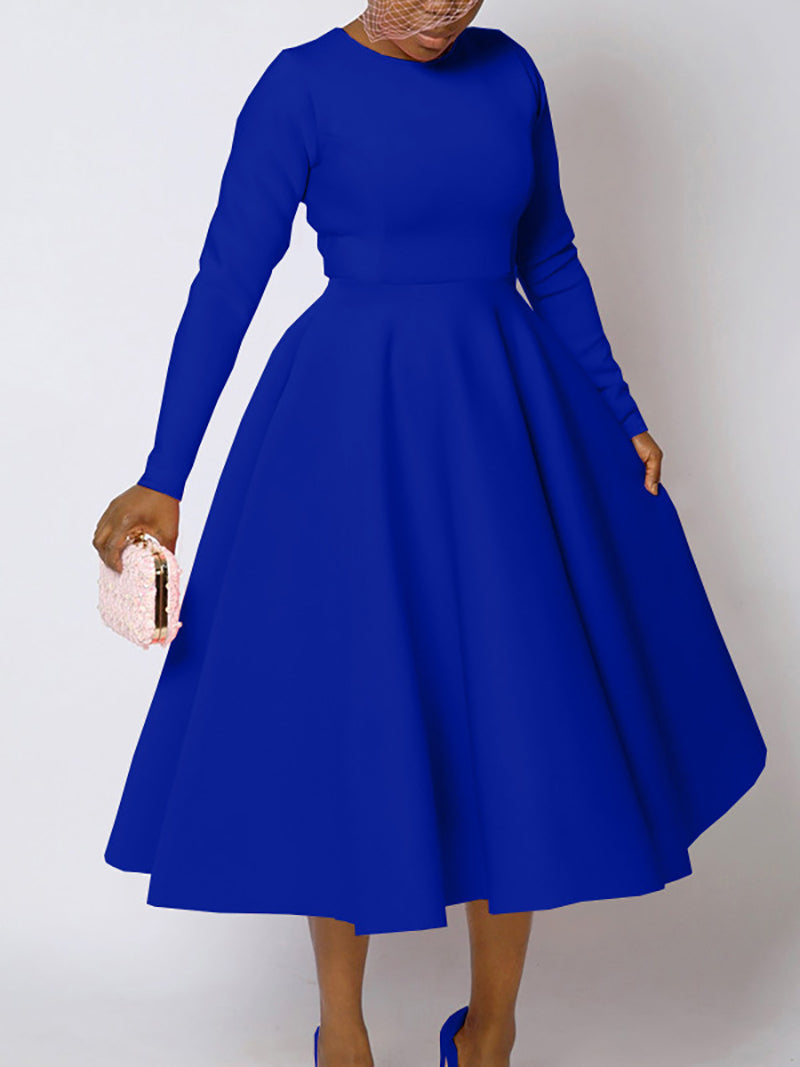 Elegant Round Collar Cinched Waist A-Line Dress