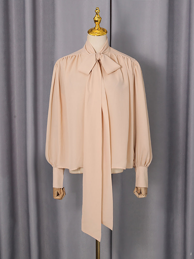 Casual Ruched Tie Neck Blouse