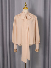 Casual Ruched Tie Neck Blouse