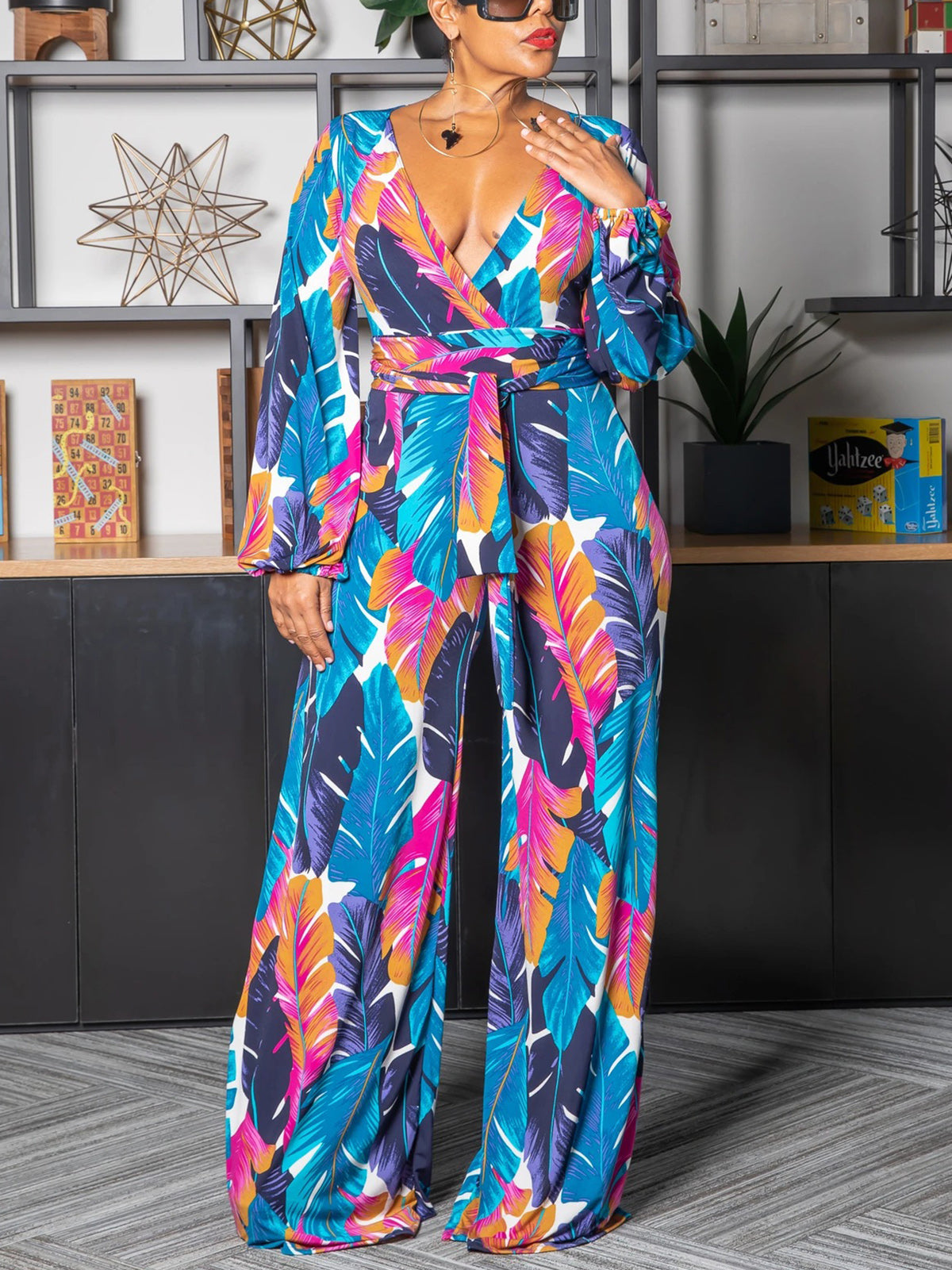 Printed V-Neck Tied Jumpsuit