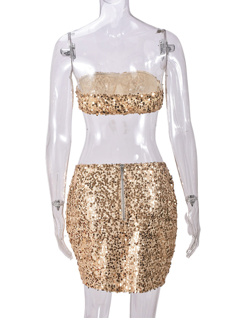 Sexy Sequins Strapless Mini Skirt Nightclub Two Pieces